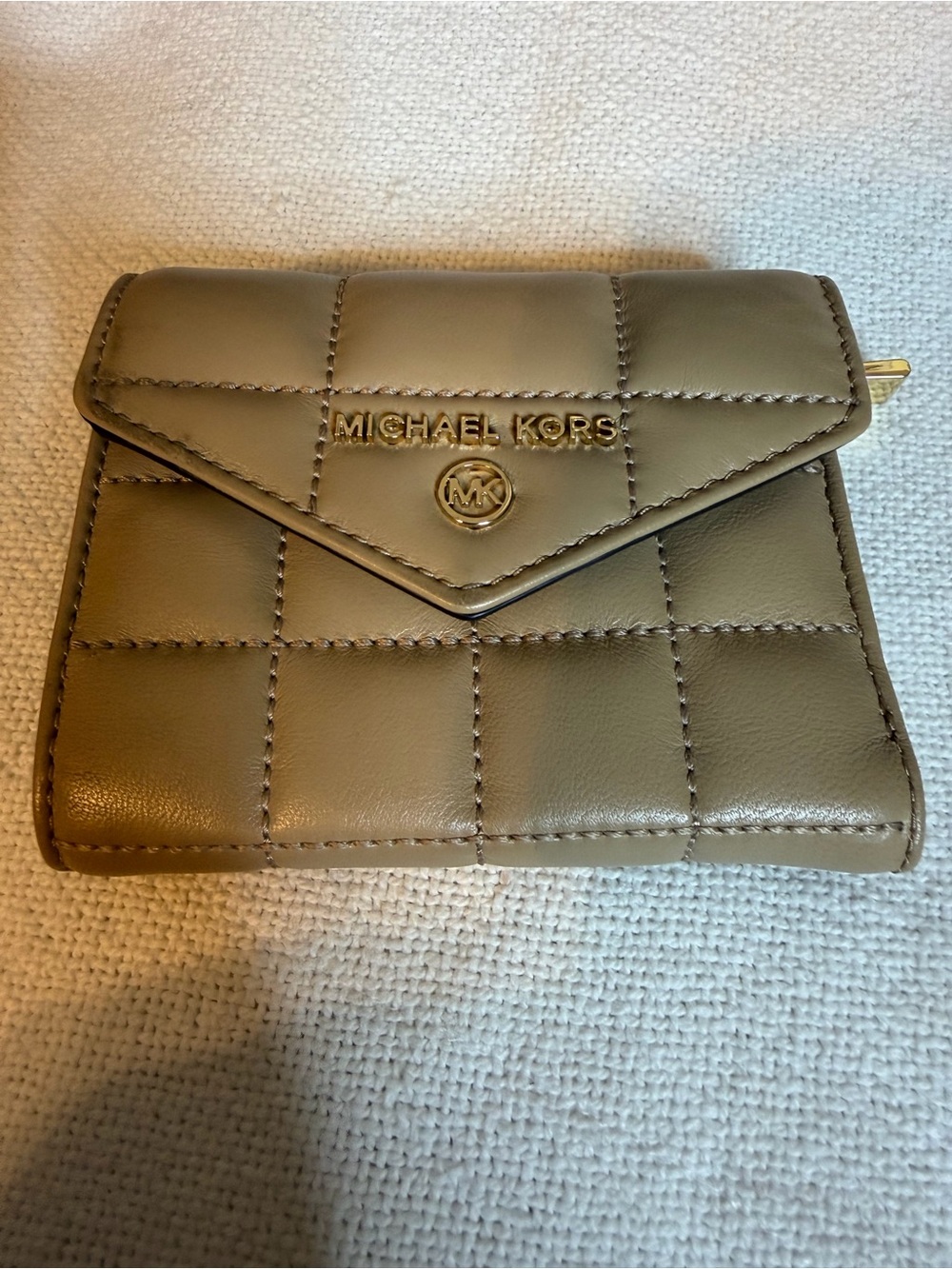 Michael Kors Quilted Beige Leather Envelope Wallet with Gold Logo